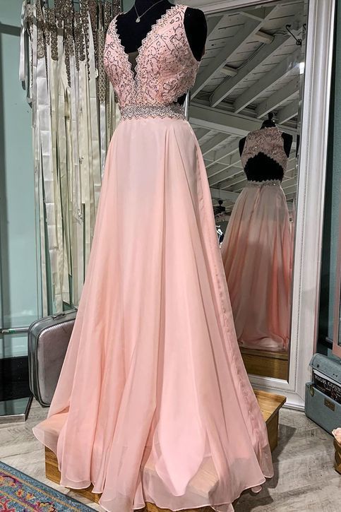 V neck Pink Prom Dress, A Line Beaded Prom Dresses, Long Evening Dress cg8923