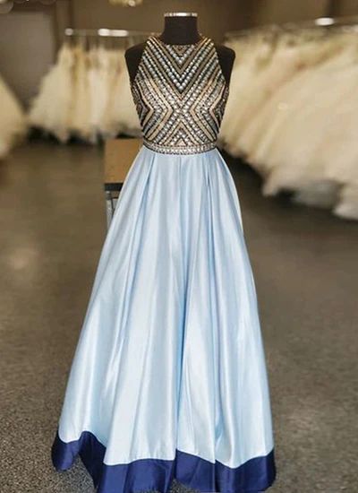 Baby Blue Satin Beaded Long A Line Prom Dress, Evening Dress cg8932