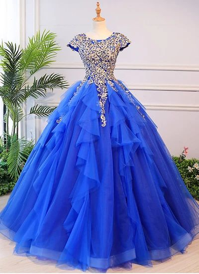Royal blue tulle ruffles long cap sleeve evening dress, lace senior prom dress cg8935