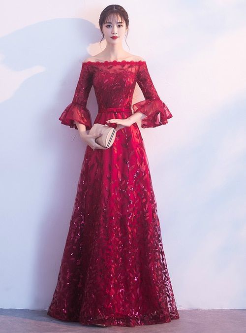 Burgundy Off The Shoulder Sequins Prom Dress cg8943