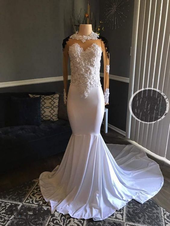 Prom Dresses Split, White Mermaid Long Sleeves cg8954