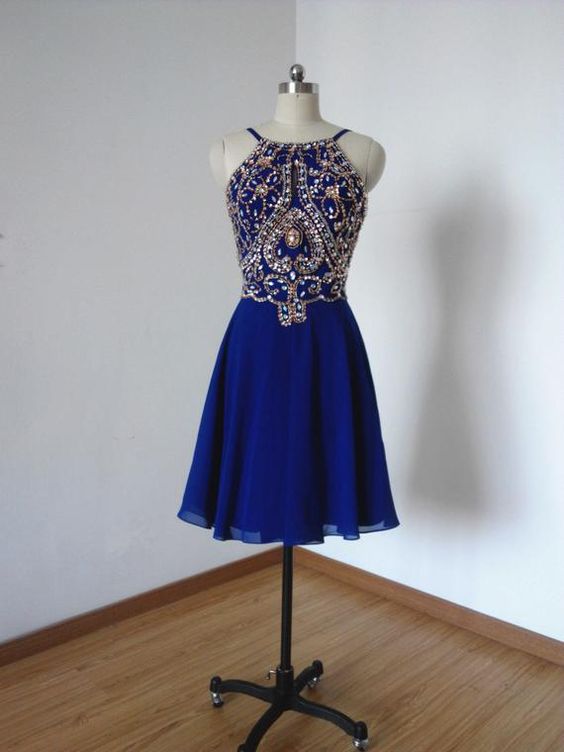 Backless Spaghetti Straps Royal Blue Chiffon Short Homecoming Dress cg8973