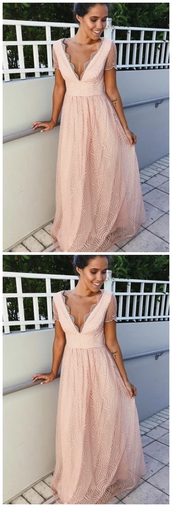 Glamour V-neck Pink Short Sleeves Floor-Length Lace Prom Dress cg8989
