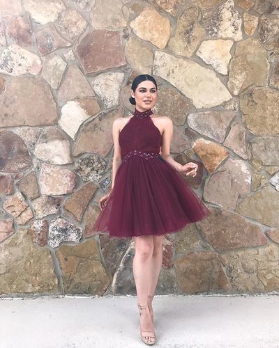 Stylish A Line High Neck Burgundy Short Homecoming Dresses with Beading cg8993