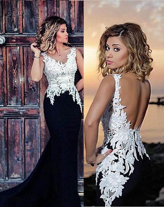 Charming Trumpet/Mermaid Black With White Appliques 2020 Prom Dresses cg9003