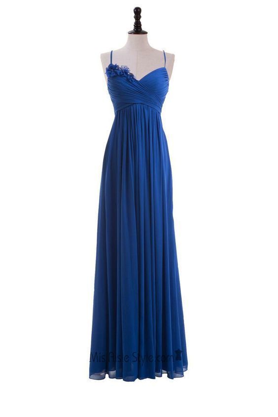 Royal Blue Floral Embellished Ruched Plunge V Spaghetti Straps Floor Length A-Line Formal Dress, Prom Dress cg9010
