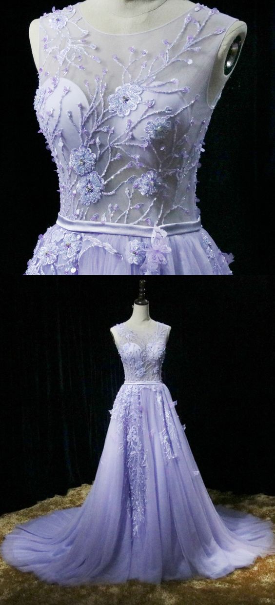 Violet Tulle Crystal Long Embroidery Senior Prom Dress, Long Pageant Prom Gown cg9015