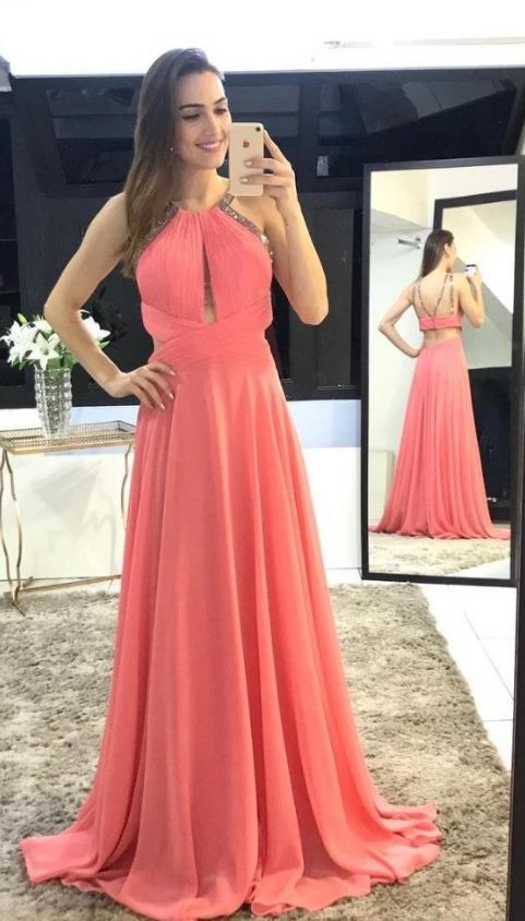 Charming Scoop A-Line Long Watermelon Chiffon Backless Sleeveless Prom Dresses cg9027