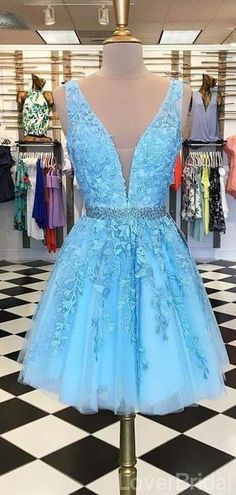 V Neck Blue Lace Short Cheap Homecoming Dresses cg9038