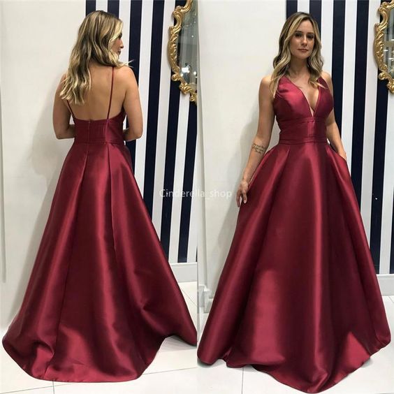 Modest Burgundy Evening Dresses 2020 Spaghetti V-Neck Backless A-Line Simple Formal Prom Gowns cg9045