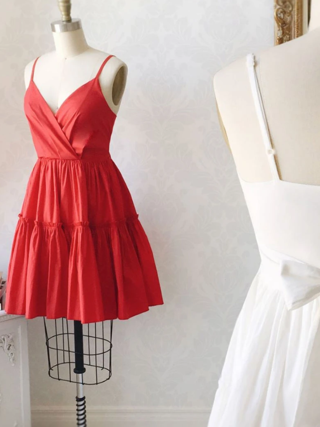 Simple satin red short dress red cocktail dress Homecoming Dresses cg9104