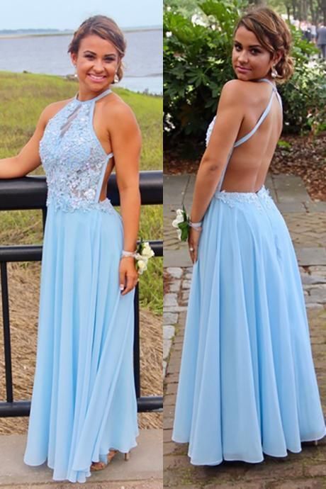Charming Light Blue Backless Evening Dress, Sexy Lace Long Prom Dress, Girl Party Gown cg9121