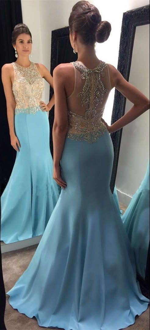 Light Blue Prom Dress, Beaded Evening Dress, Crystal Evening Dress cg9123