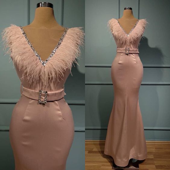 Pink Prom dress,Mermaid Prom Dress,Satin Evening dress,V-Neck Prom Gown cg9131