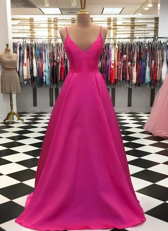 Hot Pink Satin V Neck Simple Long Prom Dress, Bridesmaid Dress cg9171