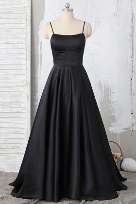 Sexy Black Spaghetti Strap Straight Across Satin Prom Dress cg9189