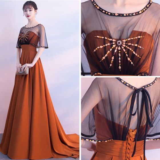 Classic Elegant Orange Evening Dresses A-Line / Princess U-Neck Backless Beading Chiffon prom Party Formal Dresses cg9213