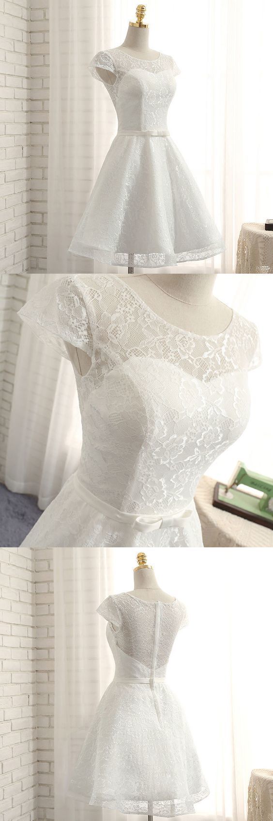 Cute a line white lace short dress, homecoming dresses cg9220