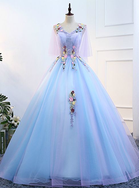 Blue V-neck Tulle Floor Length Quinceanera Dresses Prom Dress, Evening Dress cg9233