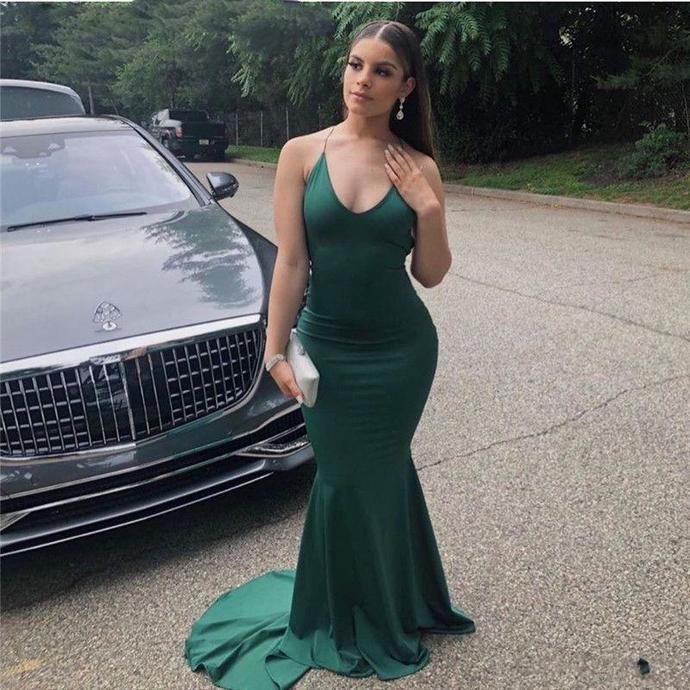Charming V neck Green Mermaid Evening Dress, Sexy Simple Long Prom Dresses cg9256