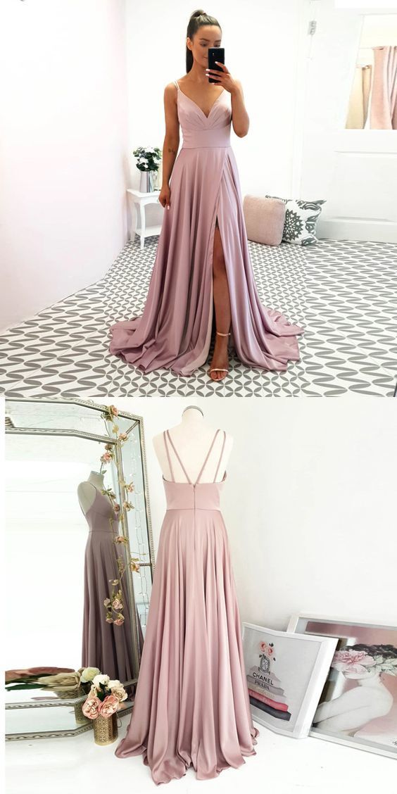 Sexy V Neck Formal Gown For Juniors Pink Prom Dress High Slit Spaghetti Straps cg9262
