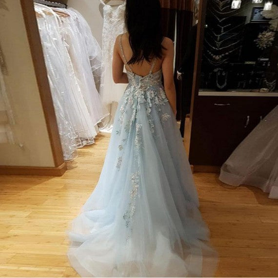 A Line Spaghetti Straps Light Blue Prom Dress With Beading Appliques cg9271