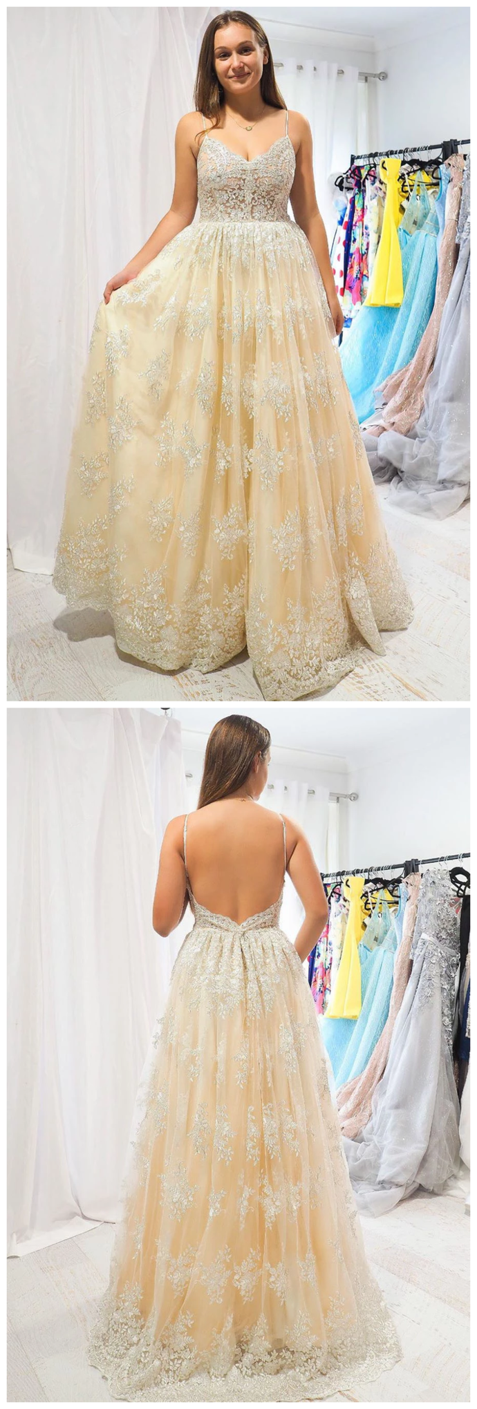 Elegant A-Line Straps Champagne Long Lace Prom Dress with Open Back cg9291