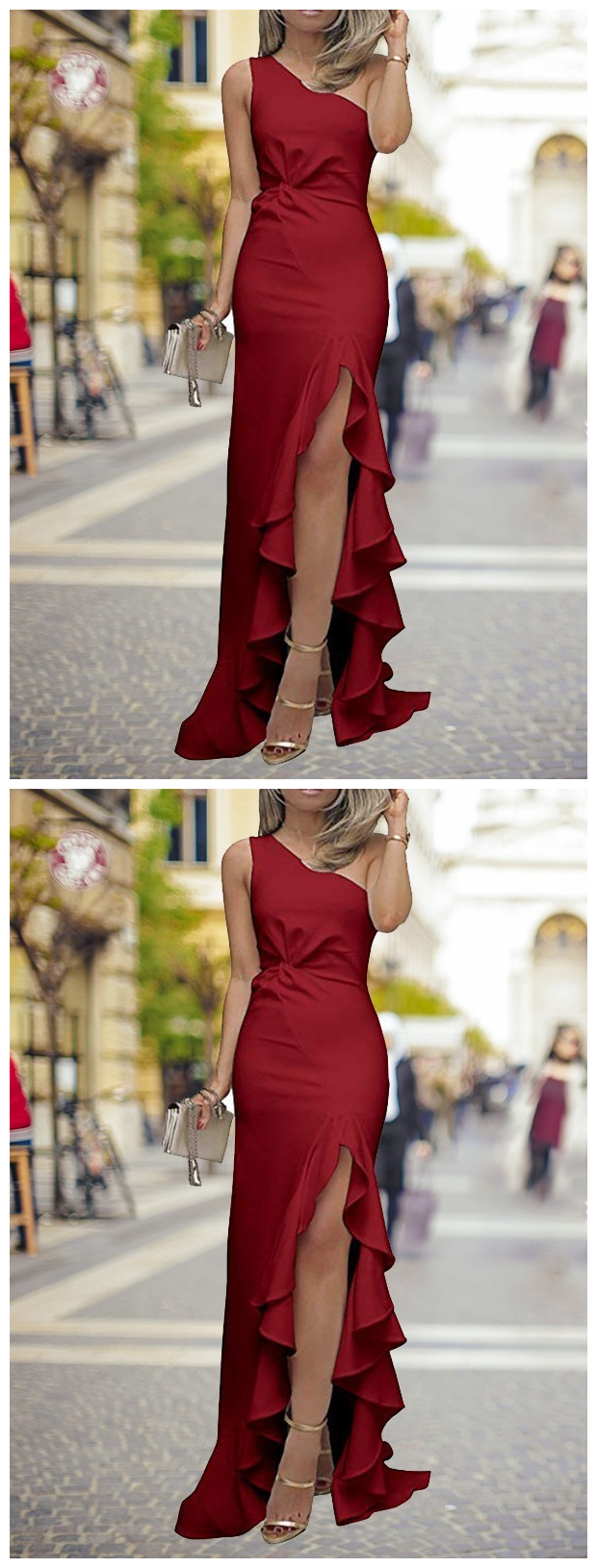 Sheath/Column One-Shoulder Sweep/Brush Train Ruffles prom dress cg9296