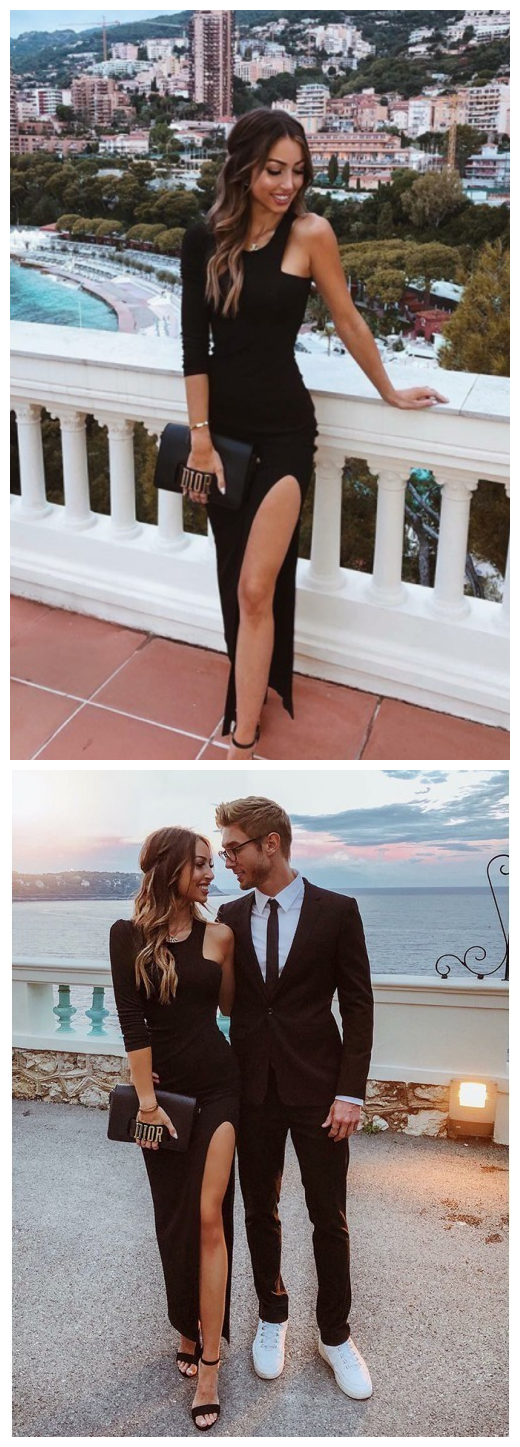 One Shoulder Sheath Split Front Black Long Prom Evening Dress cg9299