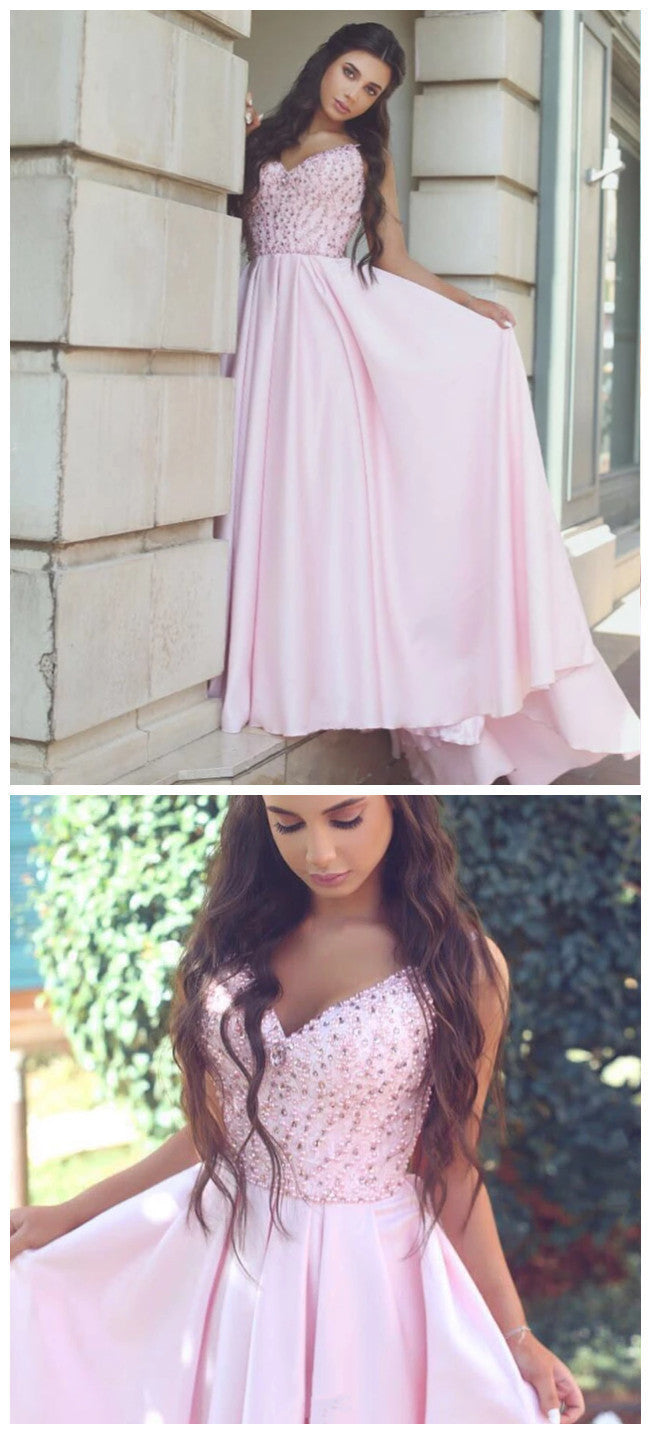 Pretty Pink Satin Evening Gowns Beaded V Neck Long Prom Dresses cg9305
