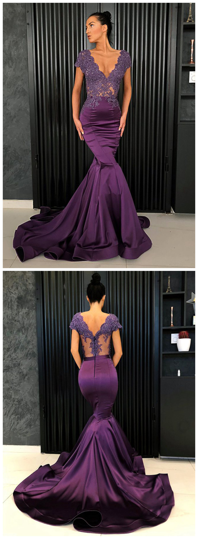 Purple Satin Cap Sleeve V Neck Long Lace Mermaid Formal Dress, Evening prom Dress cg9307