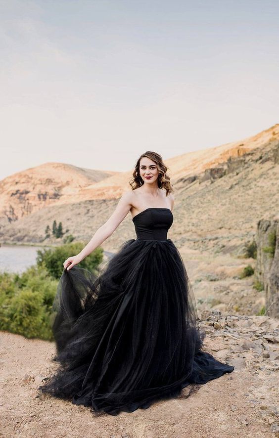 Black tulle long prom dress , strapless wedding dress cg9314
