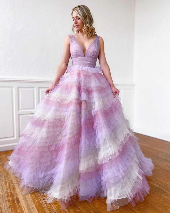 Colorful Prom Dress,Tulle Prom Gown,V-Neck Evening Dress,Pleat Prom Gown cg9336