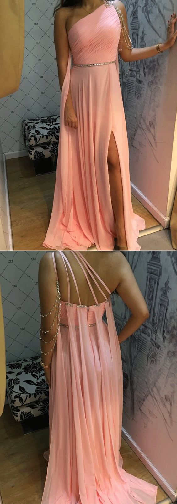 One Shoulder Chiffon Evening Dress, Sexy Pink Side Slit Prom Party Dress cg9341