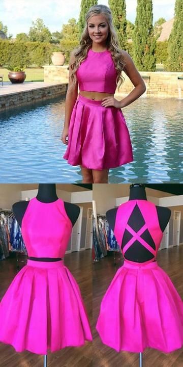Two Piece A-Line Jewel Open Back Satin Short Homecoming Dress With Pleats cg9342