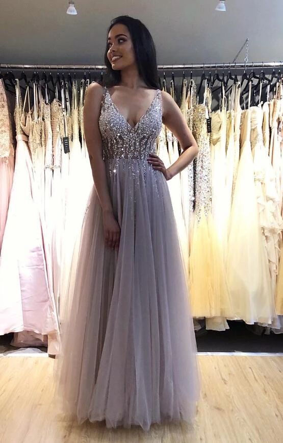 V-neck Long Prom Dress with Beading,Fashion School Dance Dress,Winter Formal Dress cg9343