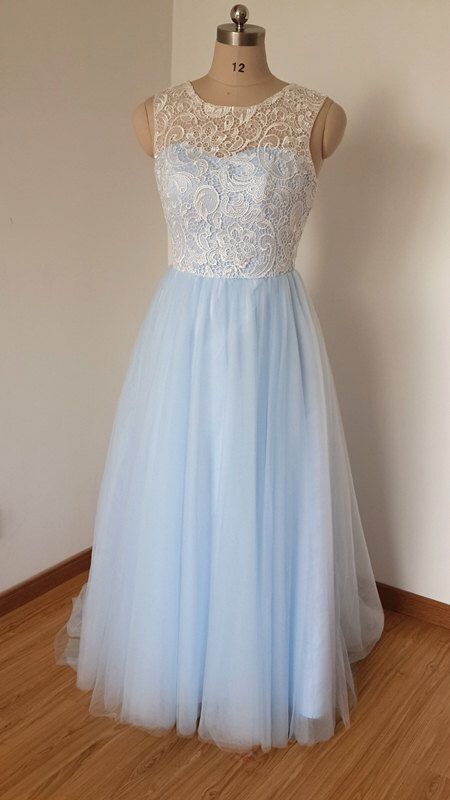 Scoop Sweetheart Ivory Lace Light Sky Blue Tulle Long Prom Dress with Back Buttons cg9356