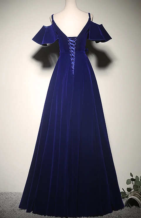 Elegant Blue Velvet Straps Long Party Dress, Long Evening Party prom Dress cg9403
