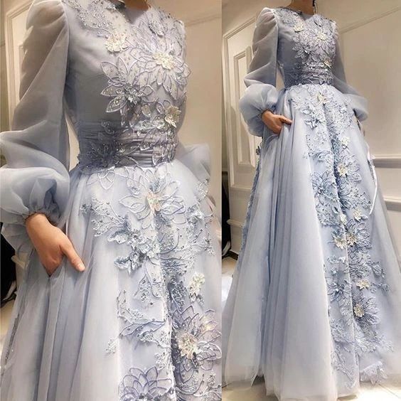 Stunning Custom Made Long Puff Sleeves Evening Prom Dresses, Sweet Dresses, 3D Flowers Applique Formal Dress cg9412