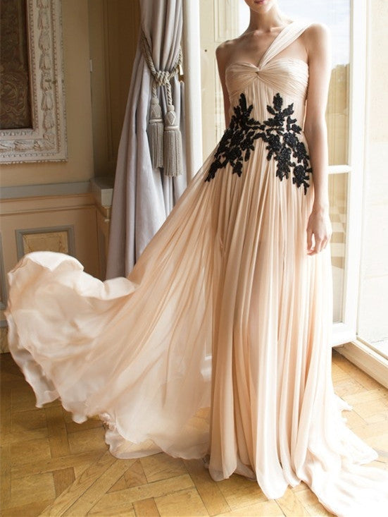Chiffon Prom Dress,Appliques Prom Gown,A-Line Evening Dress,One-Shoulder Prom Gown cg9440