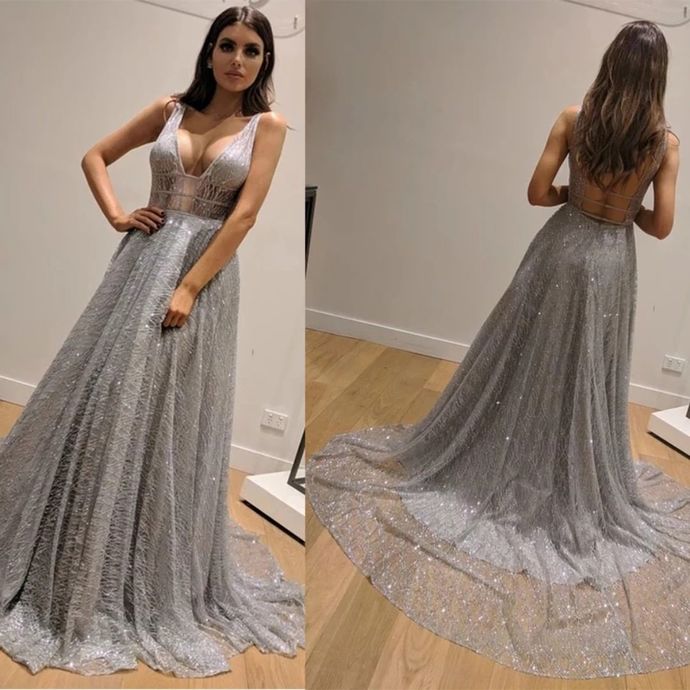 Grey Prom Dress,Tulle Prom Gown,A-Line Evening Dress,Backless Prom Gown 0115 cg9441