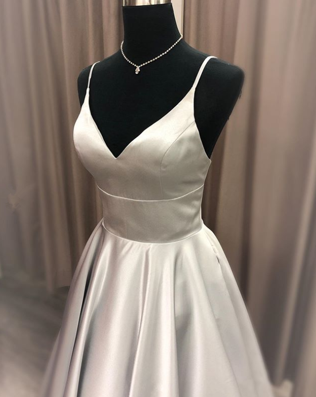 Gray Prom Dress,Satin Prom Gown,A-Line Evening Dress,V-Neck Prom Gown cg9442