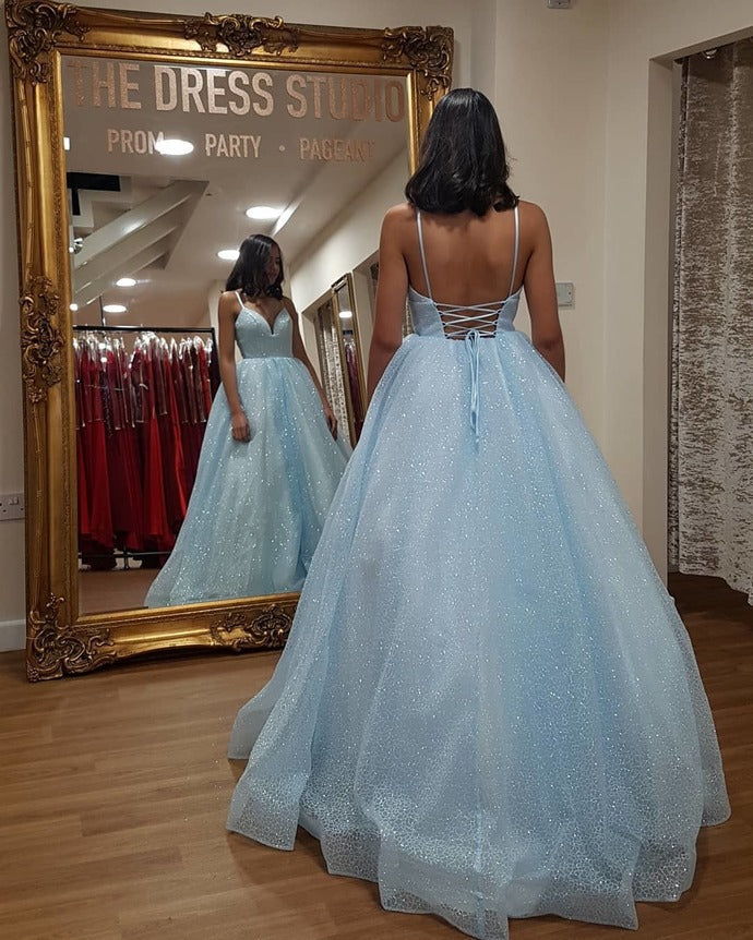 Blue Prom Dress,Tulle Prom Gown,Backless Evening Dress,Spaghetti Straps Prom Gown cg9448