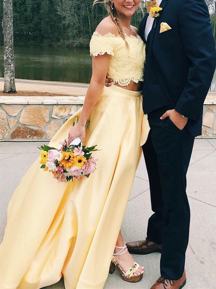 Two Pieces Light Yellow Lace Bead Prom Dress,Long A-Line Party Dress with Side Slit cg947