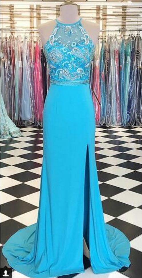 Baby Blue Mermaid Prom Dresses Crew Neck Beading Crystals Side Slit Evening Dress cg9500