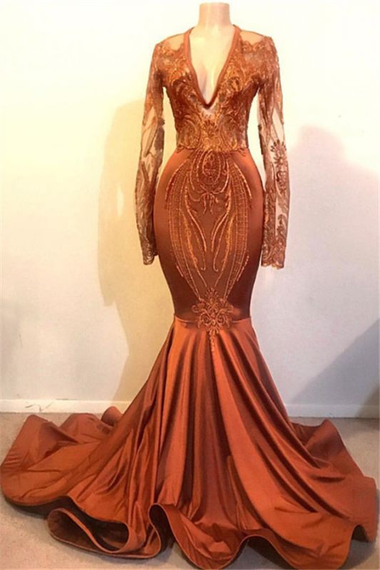 Classic Dust Orange Mermaid V-neck Long Sleeve Prom Dresses Cheap cg9507