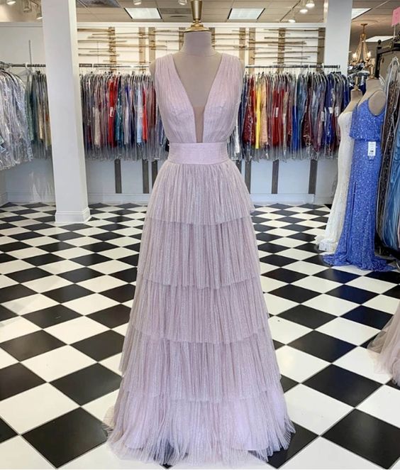 A line v neck tulle long prom dress evening dress cg9515