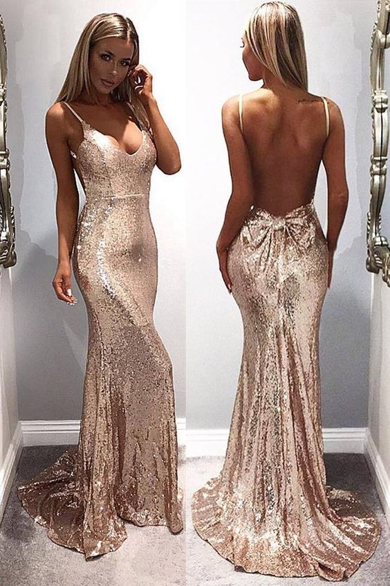 rose gold evening dresses long v neck mermaid sexy sparkly modest women evening prom gown 2021 cg9550