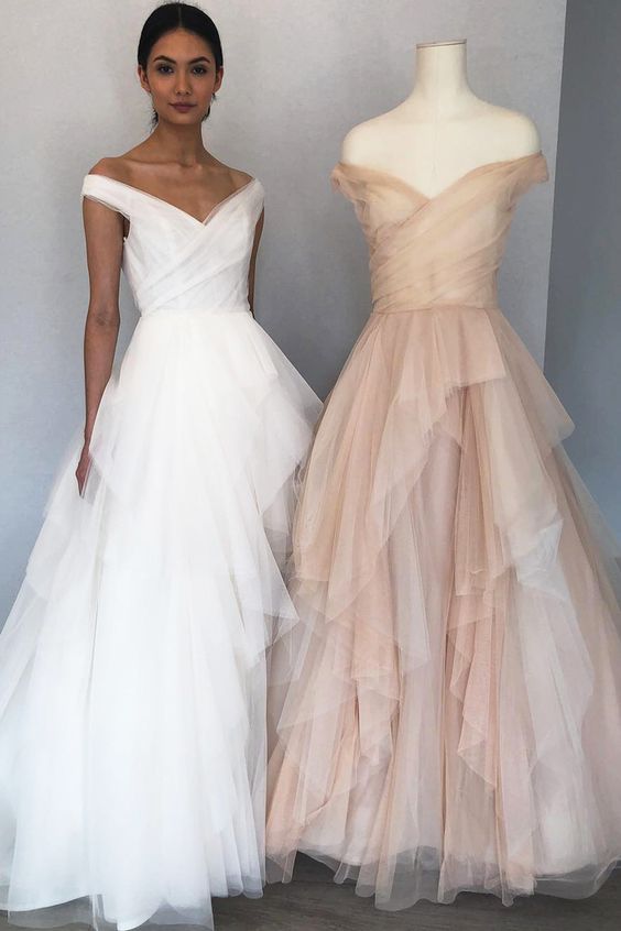 Elegant Off the Shoulder Tulle Formal Prom Dress, Ruffles Tulle Long Evening Dress cg9565