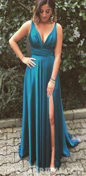 Simple Sexy A-Line Spaghetti Straps Long Turquoise Prom Dress with Split, Long Evening Gowns,Party Dress cg9572